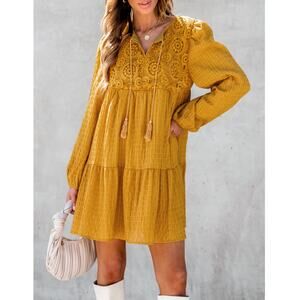 New CUPSHE Women's Yellow Embroidered Floral Seersucker Dress Size XL